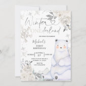 Invitation Ours Hiver Onederland Blanc Floral Anniversaire (Devant)