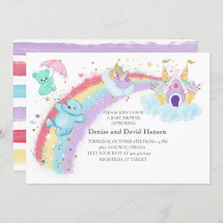 Invitation Ours , licorne et Baby shower arc-en-ciel