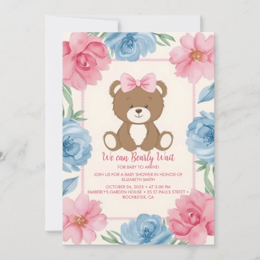 Invitation Ours mignon avec arc rose en rose (Devant)