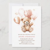 Invitation Ours mignon Avec Ballons | Bébé rose (Devant)