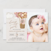 Invitation Ours mignon, Ballons roses, Premier Anniversaire (Devant)