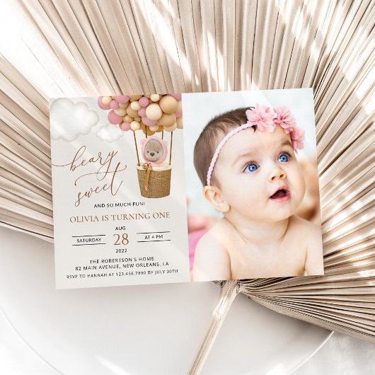 Invitation Ours mignon, Ballons roses, Premier Anniversaire