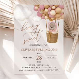 Invitation Ours mignon, Ballons roses, Premier Anniversaire