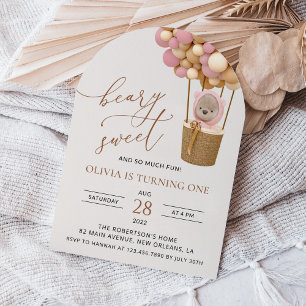 Invitation Ours mignon, Ballons roses, Premier Anniversaire