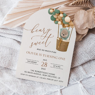 Invitation Ours mignon, Ballons verts, Premier anniversaire