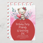 Invitation Ours mignon Coeur accroupir Aquarelle Anniversaire (Devant / Derrière)