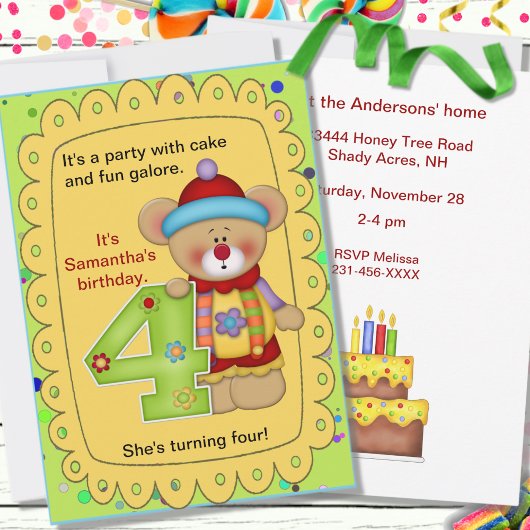 Invitation Ours mignon d'anniversaire 4 ans