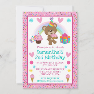 Invitation Ours mignon d'anniversaire & arc-en-ciel & gâteau