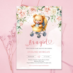 Invitation Ours mignon en peluche dans poussette bébé floral 