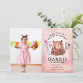 Invitation Ours mignon et fleurs Filles Photo Fête d'annivers (Debout devant)