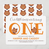 Invitation Ours One mignon Animal Twins Premier Anniversaire (Devant / Derrière)