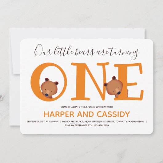 Invitation Ours One mignon Animal Twins Premier Anniversaire (Devant)