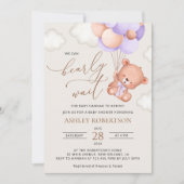 Invitation Ours, Ours mignon, Ballons pourpres, Baby shower (Devant)