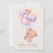 Invitation Ours, Ours mignon, Ballons pourpres, Baby shower (Dos)