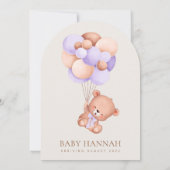 Invitation Ours, Ours mignon, Ballons pourpres, Baby shower (Dos)