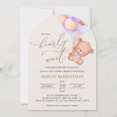 Invitation Ours, Ours mignon, Ballons pourpres, Baby shower (Devant)