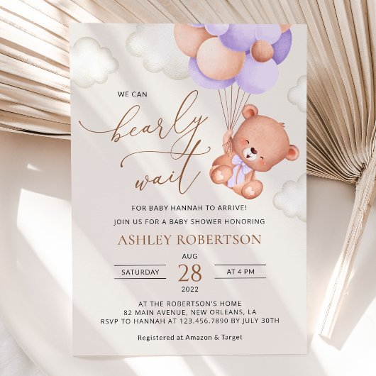 Invitation Ours, Ours mignon, Ballons pourpres, Baby shower