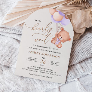 Invitation Ours, Ours mignon, Ballons pourpres, Baby shower
