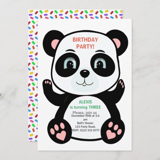 Invitation Ours Panda Cute & Confetti Multicolore (Devant / Derrière)