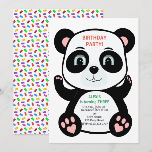 Invitation Ours Panda Mignon & Confettis Multicolores (Devant / Derrière)