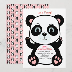 Invitation Ours panda mignon sur anniversaire rose et blanc