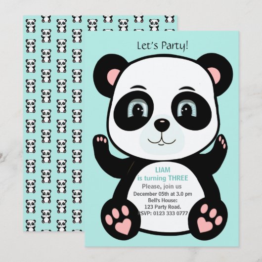 Invitation Ours panda mignon sur fond bleu sarcelle clair pou (Devant / Derrière)