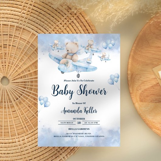 Invitation Ours pilote dans le ciel - Baby shower bleu