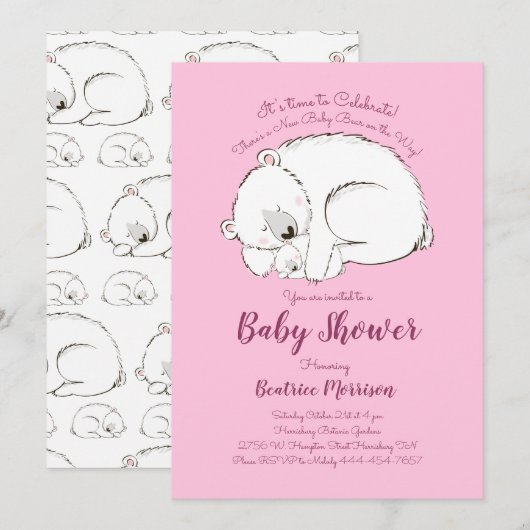 Invitation Ours polaire Baby shower Bois hiver rose fille (Devant / Derrière)