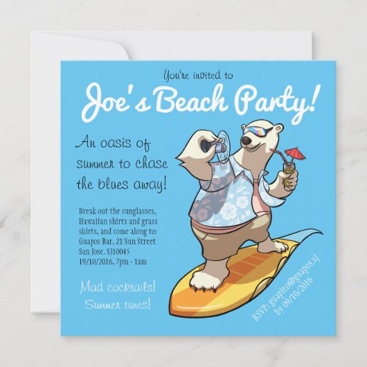 Invitation Ours polaire cool surf avec cocktail Dessin (Devant)