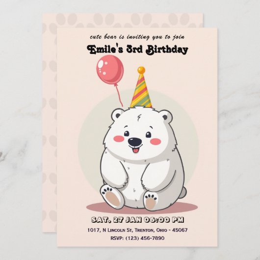 Invitation Ours polaire d'anniversaire mignon avec Casquette (Devant / Derrière)