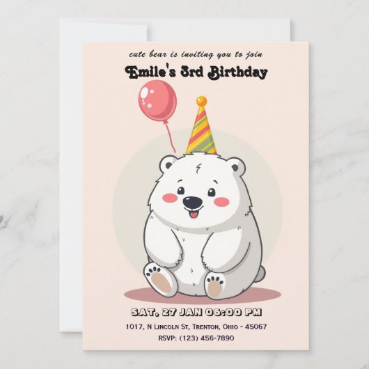 Invitation Ours polaire d'anniversaire mignon avec Casquette (Devant)