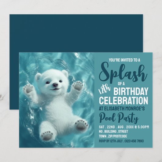 Invitation Ours polaire éclaboussant, fête de la piscine Anni (Devant / Derrière)