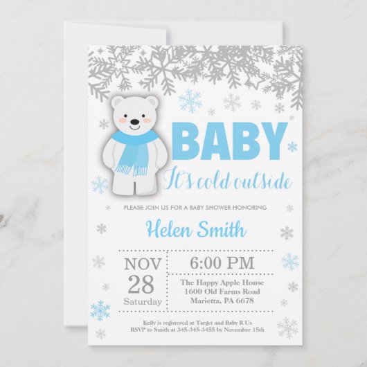 Invitation Ours polaire Hiver Baby shower Garçon bleu Flocon  (Devant)