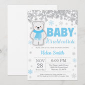 Invitation Ours polaire Hiver Baby shower Garçon bleu Flocon  (Devant / Derrière)