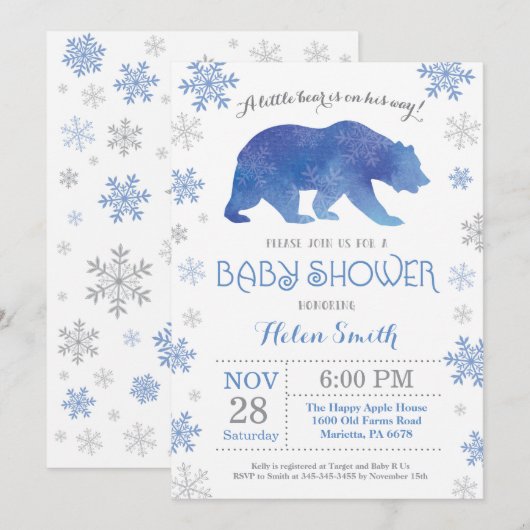 Invitation Ours polaire Hiver Baby shower Garçon bleu Flocon (Devant / Derrière)