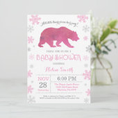 Invitation Ours polaire Hiver rose Fille Baby shower Flocon d (Debout devant)
