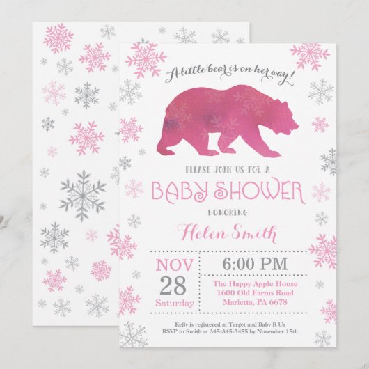 Invitation Ours polaire Hiver rose Fille Baby shower Flocon d (Devant / Derrière)
