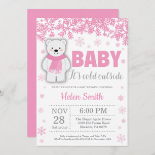 Invitation Ours polaire Hiver rose Fille Baby shower Flocon d