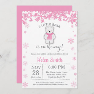Invitation Ours polaire Hiver rose Fille Baby shower Flocon d