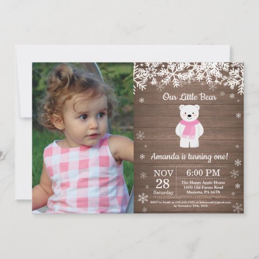 Invitation Ours Polaire Rustique Hiver Fille Anniversaire Pho (Devant)