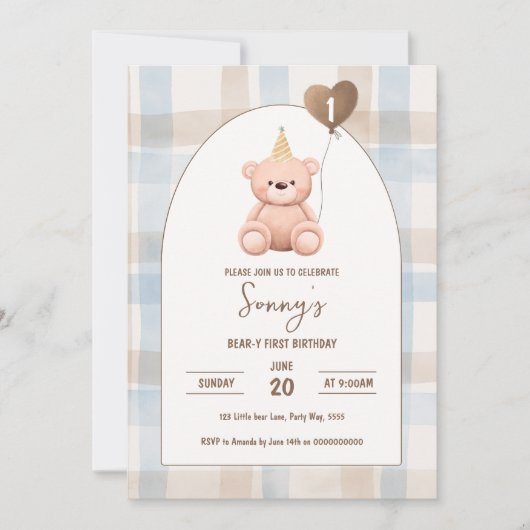 Invitation Ours premier anniversaire 1er parti Boho minimal O (Devant)