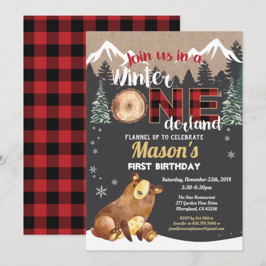 Invitation Ours premier anniversaire hiver onderland flannel (Devant / Derrière)