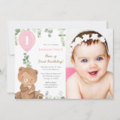 Invitation Ours premier anniversaire rose verdure fille ballo (Devant)