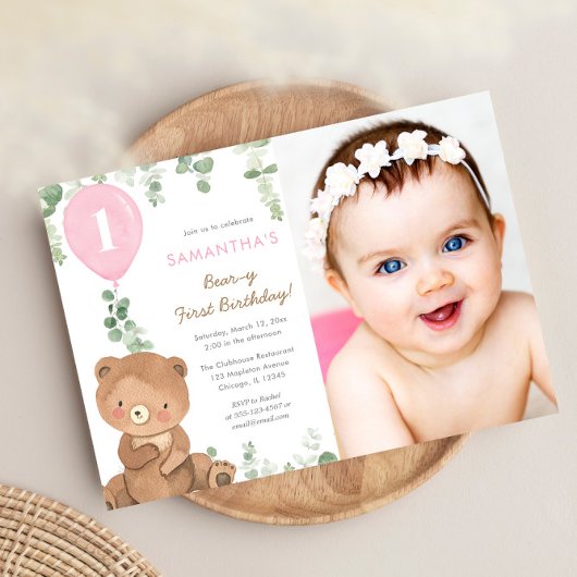 Invitation Ours premier anniversaire rose verdure fille ballo