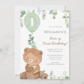 Invitation Ours premier anniversaire vert ballons vert brun v (Devant)