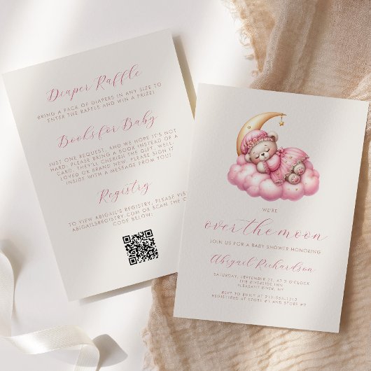 Invitation Ours Rose Fille Code QR Baby Shower Lune