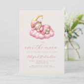 Invitation Ours Rose Fille Code QR Baby Shower Lune (Debout devant)