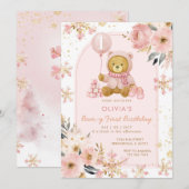 Invitation Ours rose Hiver Flacon de neige Beary Premier anni (Devant / Derrière)