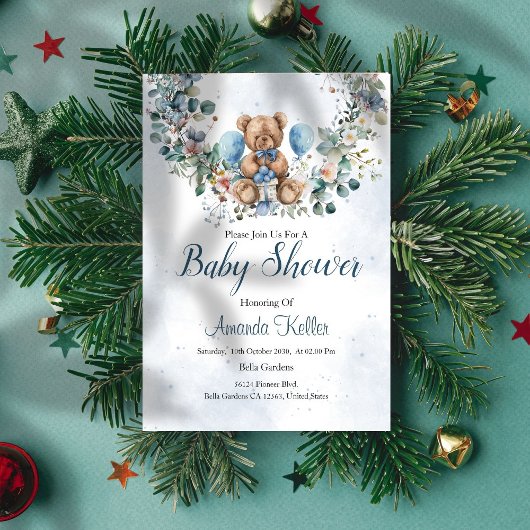 Invitation Ours rustique et Baby shower Eucalyptus