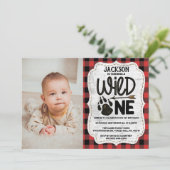 Invitation Ours Rustique Plaid Forêt Paw Garçons 1er annivers (Debout devant)